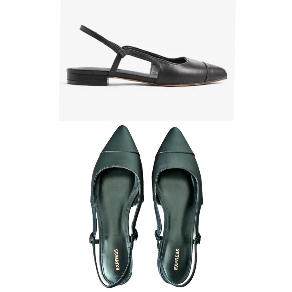Black Cap Toe Ballet Slingback Flats with Pointed Toe